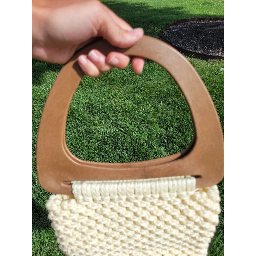 70's Vintage Boho Hippie‎ Festival Macrame Wooden Double Handle Handbag Handmade